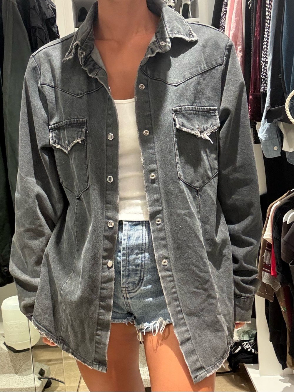Washed Black Denim Overshirt Jacket - Women